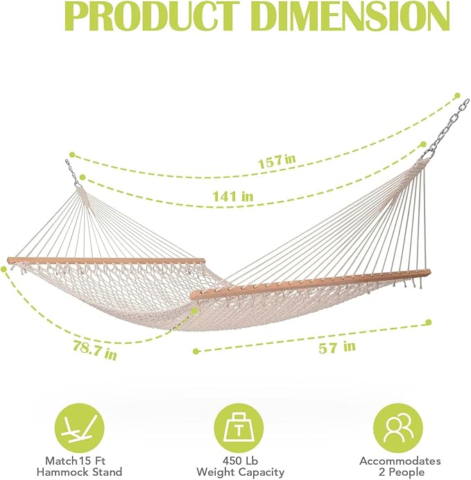 Lazy Daze Hammocks 12FT Double Rope Hammocks, 2 Person Hand Woven Cotton Hammock with Pillow and Spreader Bar for Outside, Patio, Poolside, FIT 13-15 Ft Stand, Max 450 Lbs, Natural, 141 x 57 inches