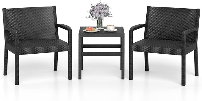 Tangkula 3 Piece Patio Furniture Set, Outdoor Wikcer Conversation Set with 2 Rattan Armchair & 25" Square Side Table, for Patio, Garden, Poolside, Bistro (Black)