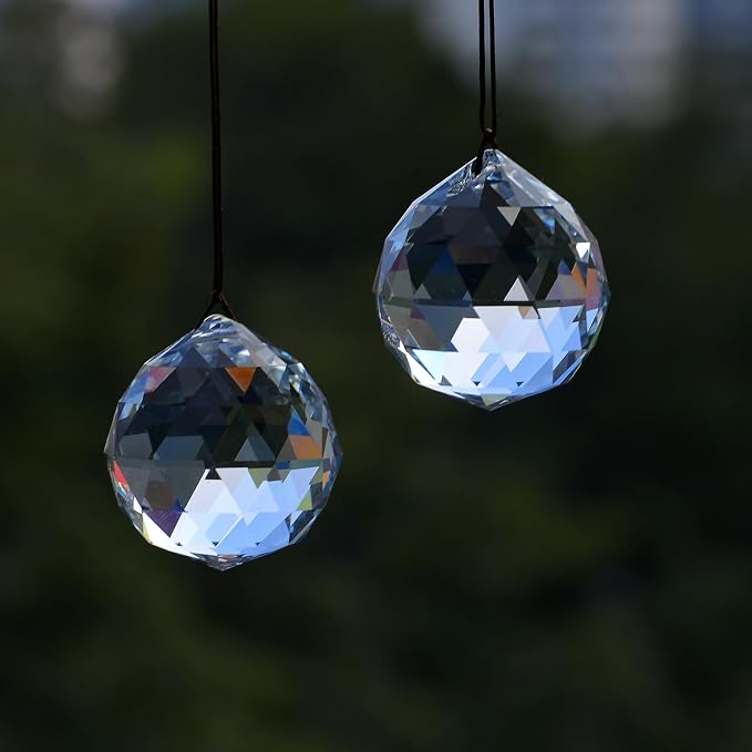 2PCS Ball Crystal Suncatcher Prisms for Windows (Ball Clear) | Clear, K9 Glass, Rainbow Maker, with Hooks & Cord