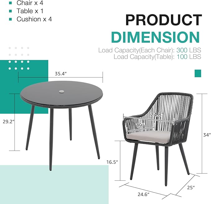 Patiorama 5-Piece Patio Dining Set,Outdoor Dining Table Chair Set,All-Weather Twisted Rattan Wicker Rope Conversation Set,Patio Furniture Set w/Umbrella Hole,4 Cushioned Chairs&Glass Table(Dark Black)