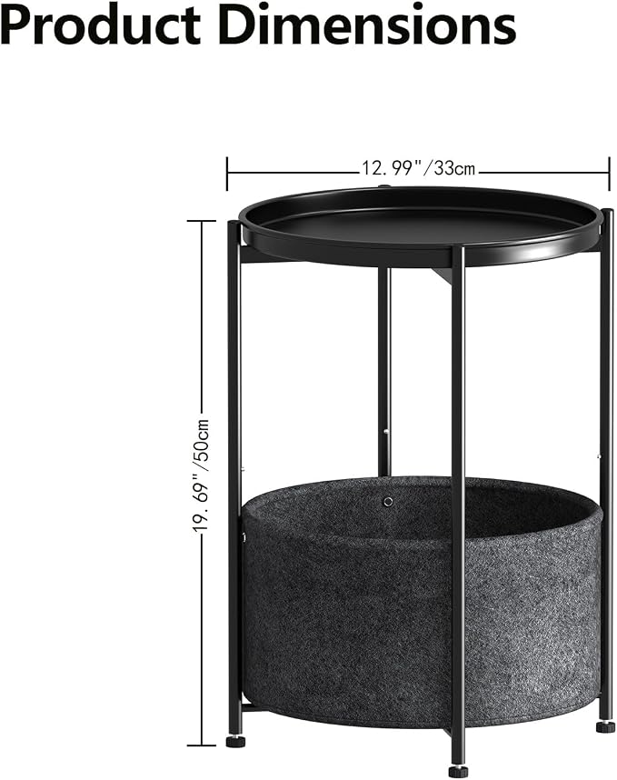 Garden 4 you Small Side Table, Mini Round End Table, Tray Table with Fabric Storage Basket, Modern Nightstand for Living Room, Bedroom, Patio, Small Space, Black