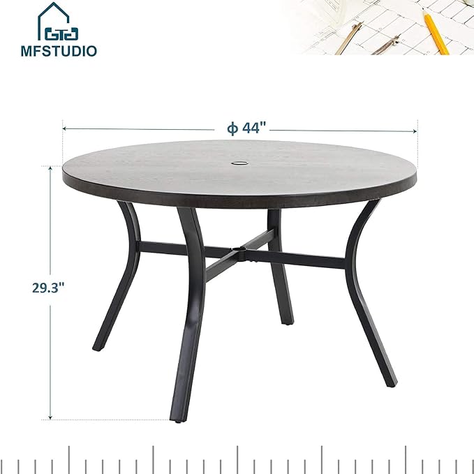 MFSTUDIO 44" Outdoor Round Dining Table with 2” Umbrella Hole, Patio Metal Dining Table with Wood-Like Texture Surface for Backyard, Garden, Lawn