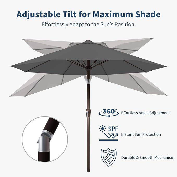 9FT Patio Umbrella with Fiberglass Ribs, Outdoor Market Table Umbrella with Crank and Tilt, UV Resistant Waterproof Canopy for Patio, Garden, Deck, Pool, Gray