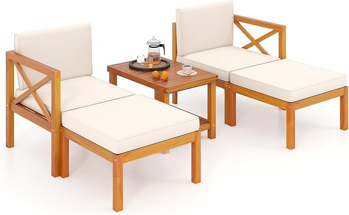 Tangkula 5 Pieces Acacia Wood Patio Chaise Lounge Chair Set with Ottomans and Cushions, Outdoor Patio Chairs Set with 2-Tier Coffee Table, Outdoor Conversation Set for Garden, Backyard and Poolside