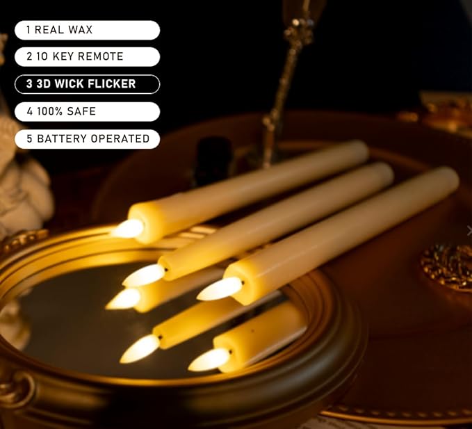 KSWING 2 PCS Upgraded Real Wax LED Flameless Taper Candles with Remote, White Candlesticks Battery Operated Flickering - 9.6” Long Realistic Fake Candle Sticks for Home/Wedding/Fireplace Xmas Decor