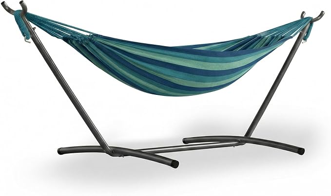 Double Hammock with Stand Included - 2 Person Brazilian Style Portable Hammock Bed - 450 Lbs Capacity Heavy Duty Adjustable Steel Stand for Indoor Outdoor - Weatherproof with Carrying Bag