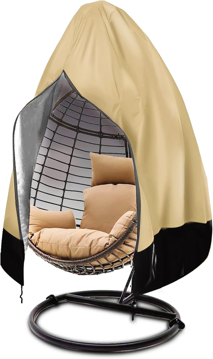 Patio Egg Chair Cover with Zipper,Outdoor Hanging Egg Chair Cover,UV Resistant,Windproof Heavy Duty,Wicker Egg Swing Chair Covers, Universal Fit Patio Hanging Chair Protector,Khaki