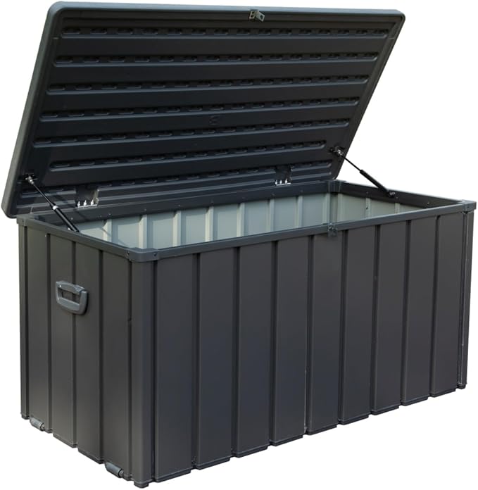 ChicFurnit Outdoor Storage Box, 100 Gallon Deck Box with Lockable Resin Lid & Portable Side Handles, Outdoor Storage Bin with Stable Support Rod, Soft Close Mechanism & Mobility Rollers, Dark Gray