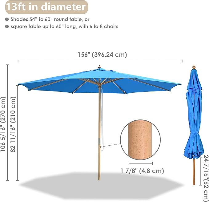 13ft Outdoor Table Umbrella, Market Umbrella, 13Ft XL German Beech Wooden Patio Umbrella, Outdoor Patio Umbrella for Beach Yard Garden Wedding Cafe Garden