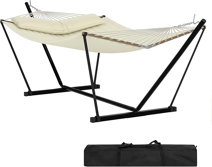 2 Person Double Hammock with Adjustable Steel Stand & Pillow, Heavy Duty Portable Outdoor Hammock Set, MAX 450 LBS Weight Capacity for Patio, Garden, Beach, Backyard