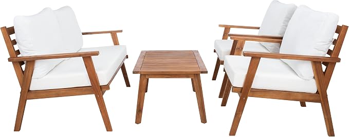 SAFAVIEH Outdoor Collection Castalia Natural Acacia Wood/Beige Cushion 4-Piece Conversation Patio Set