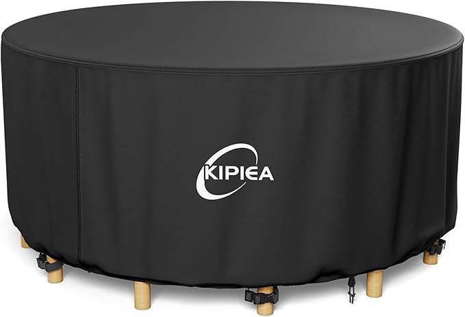 Kipiea Round Patio Table Cover Waterproof, Heavy-Duty Round Patio Furniture Covers, No Tears Anti UV No Fading (110" Dia x 28" H)