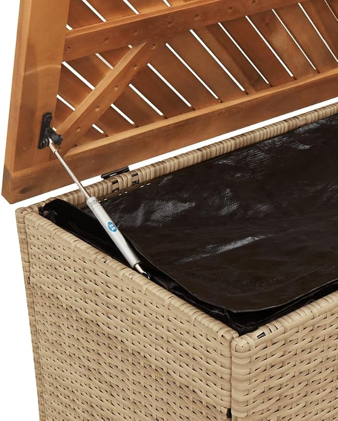 Patio Storage Container for Backyard, Porch, Garden, Patio Storage Box, Outside Deck Box, Garden Storage Box, Beige 43.3"x19.7"x21.3" Poly Rattan Acacia Wood,-743