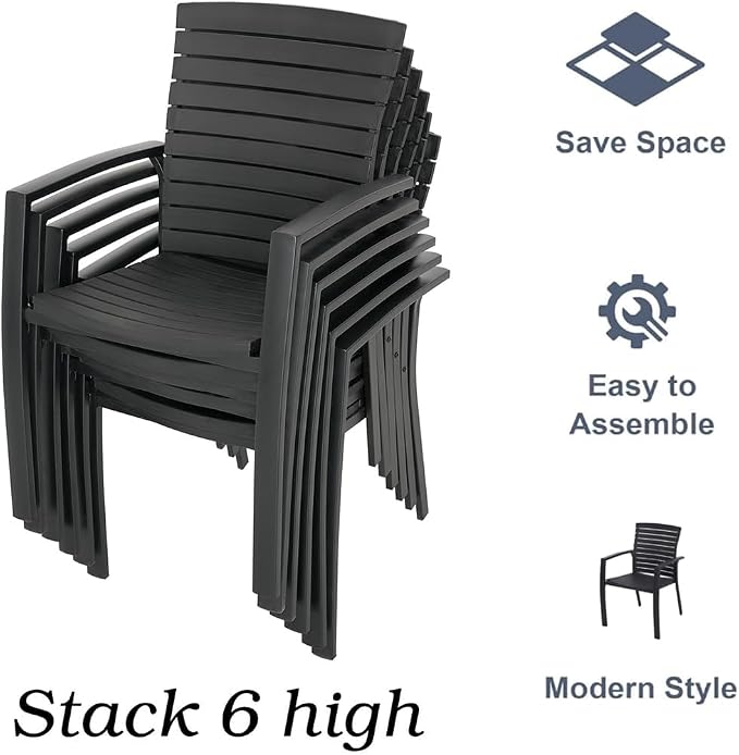 Anmutig Outdoor Dining Set for 6, 63" Table & 6 Aluminum Frame Chairs | Stackable Chairs, Resin Slat Seating, Powder-Coated Steel Table, Umbrella Hole, Easy Assembly, Patio, Garden, Backyard