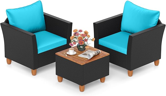HAPPYGRILL 3 Pieces Patio Conversation Set with Storage Coffee Table, PE Rattan Wicker Patio Furniture Set with Cushions, Outdoor Acacia Wood Sofa Set for Balcony Backyard Porch Garden