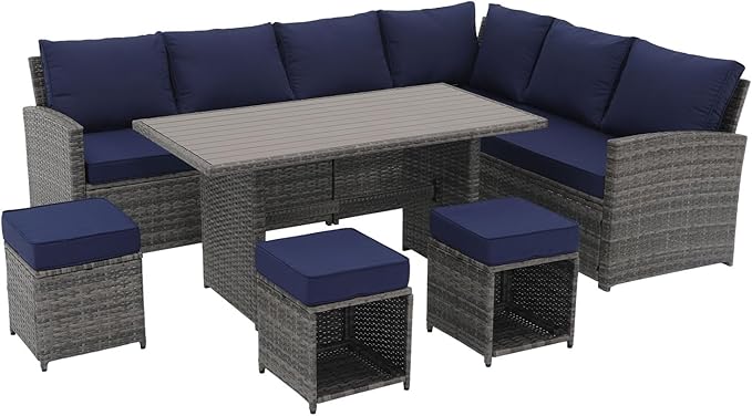 JOIVI 7 Piece Outdoor Patio Furniture Set, Patio Conversation Set with Aluminum Top Dining Table, Rattan Dining Sectional Sofa Set with Ottomans for Deck, Backyard, Navy Blue