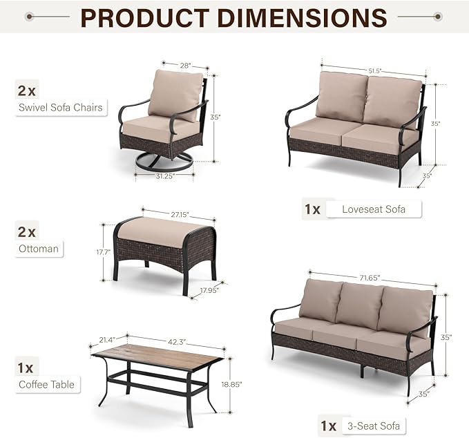 GREEN PARTY Extra Large Outdoor Patio Furniture Set 7 Pieces for 9, Modern Metal Patio Conversation Sets with High Back 3-Seat Sofa & Loveseat Sofa, 2 Swivel Chairs, 2 Ottoman, 1 Coffee Table