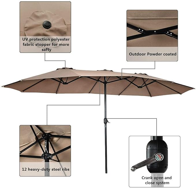 Tangkula 15 Ft Patio Umbrella Double-Sided Outdoor Market Table Umbrella with Crank (Coffee)