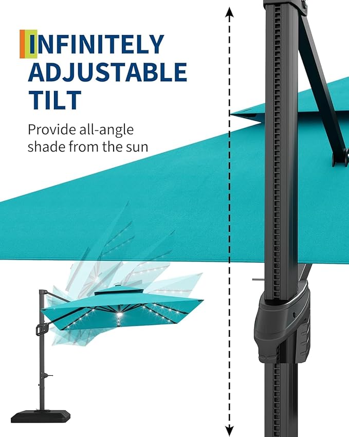 10x10 ft Double Roof Square Cantilever Patio Umbrella with Solar LED Lights & Cross Base – 360° Rotation, Heavy-Duty Sun Shade with Easy Tilt for Backyard, Poolside, and Garden Use, Navy Blue