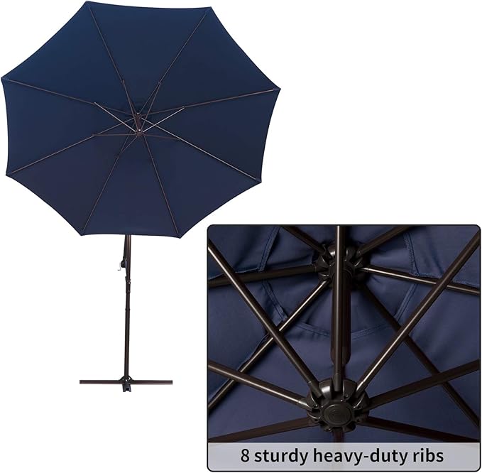 JEAREY Patio Umbrella 10 Ft Offset Cantilever Umbrella Outdoor Market Hanging Umbrellas & Crank with Cross Base, 8 Ribs(Navy Blue)