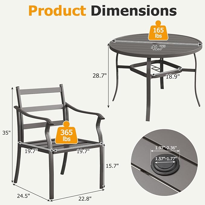 EROMMY 5-Piece Round Outdoor Patio Dining Set, 4 Metal Slat Chairs & Round Table with Umbrella Hole, All-Weather Outdoor Furniture for Backyard, Garden and Poolside