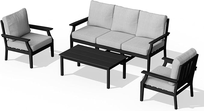 HDPE Patio Conversation Set, 6-Piece All Weather Outdoor Furniture Set with 2 Single Armchairs for Deck, Lawn, with Cushion, Black