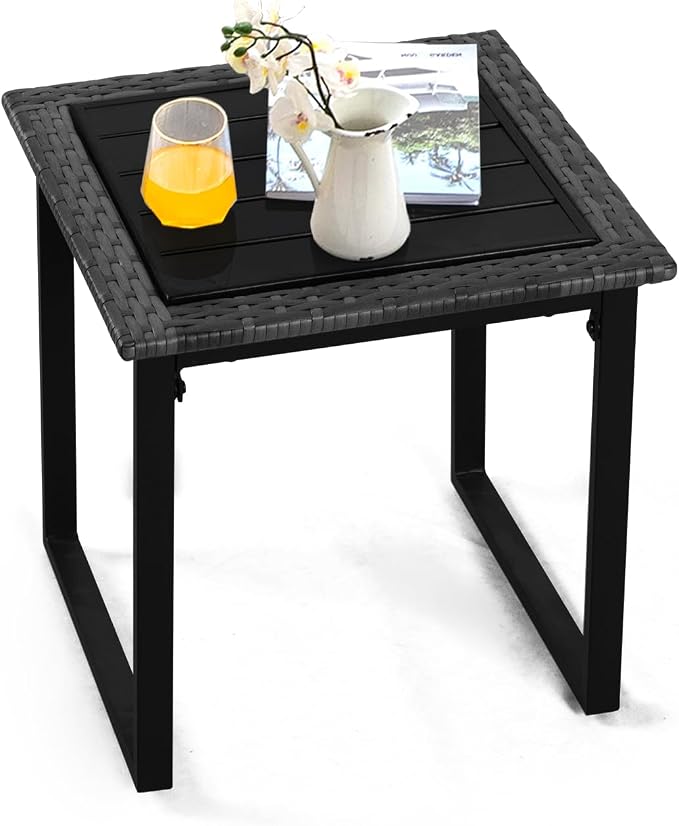 Outdoor Patio Side Tables Set of 2, 2PCS PE Wicker Outside Coffee Table for Porch, Yard, Balcony, Black Frame Patio End Table