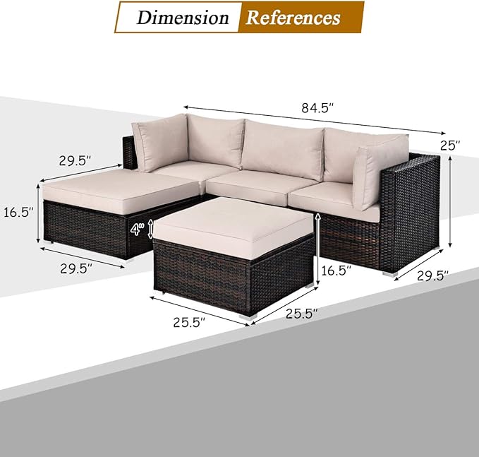 Tangkula 5 Piece Patio Furniture Set, Outdoor Sectional Rattan Sofa Set with Cushions and Coffee Table, Suitable for Backyard Porch Garden Poolside and Deck, Wicker Conversation Set (Brown)