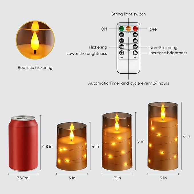 Amagic Grey Battery Operated Candles with Embedded Fairy Lights, Acrylic Fake Pillar LED Flameless Candles with Remote and Timer for Wedding Home Decor, Set of 6, D3 x H4 5" 6"