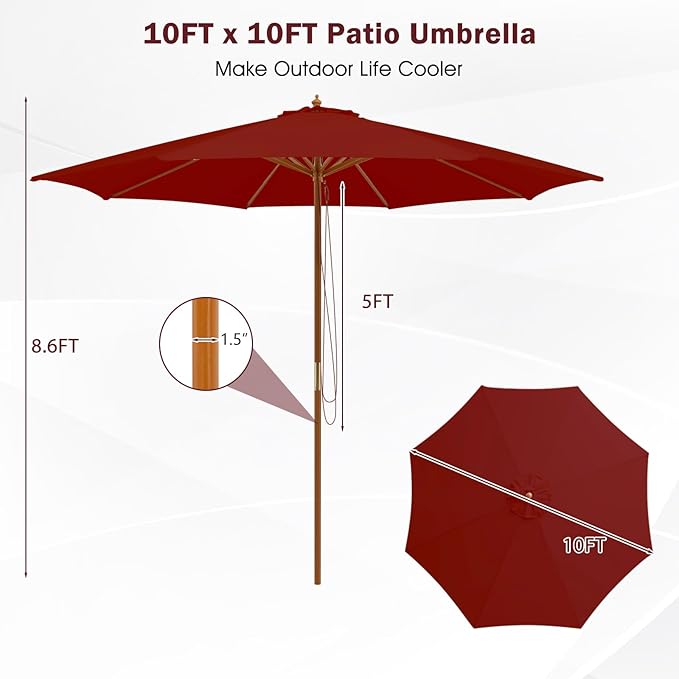 Giantex 10FT Patio Umbrella, Outdoor Table Market Umbrella with 8 Bamboo Ribs, Pulley Lift and Ventilation Hole, Outdoor Sunshade Umbrella for Poolside Backyard Beach