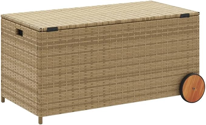 Outdoor Garden Storage Box with Wheels, Wicker Patio Deck Box, Outdoor Rattan Storage Container, Mix Beige 50.2 Gal Poly Rattan