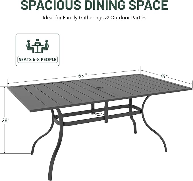 Anmutig Patio Dining Table for 6 Person, Outdoor Metal 63x38 Inch Rectangle Table with 1.57" Umbrella Hole for Garden Lawn Backyard Poolside Parties, Black