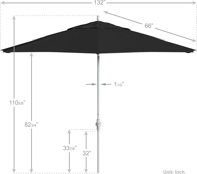 California Umbrella 11Ft Fiberglass Rib Patio Umbrella, Hand-Crank, Tilt-Collar, White Frame, Solution Dyed Black Fabric