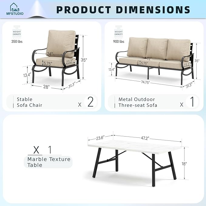 MFSTUDIO Patio Conversation Set, 5 Seats Metal Outdoor Furniture Sets with 1 x 3-Seat Sofa, 2 Single Chairs,1 Coffee Table, 4 Pieces All Weather Steel Frame Patio Sets with 5.75inch Beige Cushions