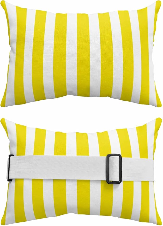 Yellow Striped Outdoor Chaise Lounge Head Pillow with Insert,Modern Farmhouse Yellow White Stripes Waterproof Headrest Lumbar Pillow Cusion Cover with Elastic Strap for Patio Recliner,11"x16" 2PCS