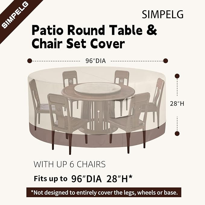 Round Patio Furniture Cover 60 Inch Waterproof, Heavy Duty UV Protection Outdoor Chair Covers for All Seasons, Durable Weatherproof Patio Table Covers with Tie (Beige & Brown，96" DIAx28 H)