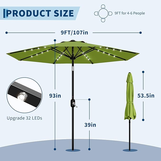 Garvee 9 FT Patio Umbrella with Solar Lights, Outdoor Table Umbrella with 8 Durable Ribs, Tilt & Crank Mechanism, Waterproof & UV Protection for Garden, Backyard, Poolside, Green