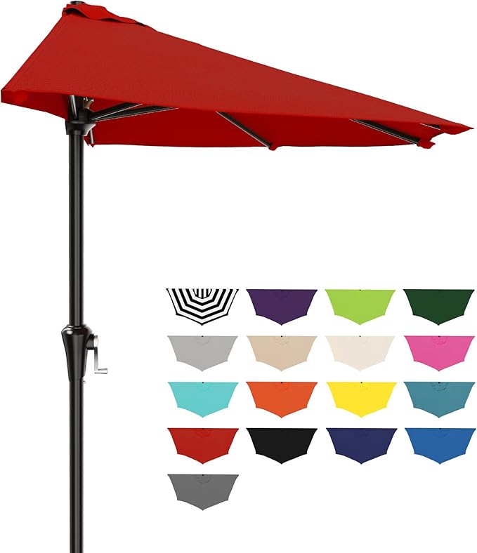 AreShark 9FT Half Patio Umbrella, Outdoor Wall Umbrella with Crank & 5 Sturdy Ribs, Table 1/2 Umbrella Patio for Garden, Deck, Balcony and Pool, Red
