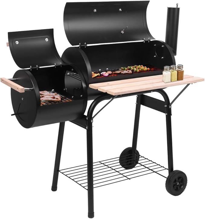 Outdoor BBQ Charcoal Grills,Heavy Duty Charcoal Grill,Metal Outdoor Barbecue Smoker,Portable Camping Barbecue Grills,with Side Table and Wheels,for Garden, Backyard, Patio, Picnics, Party (Black)