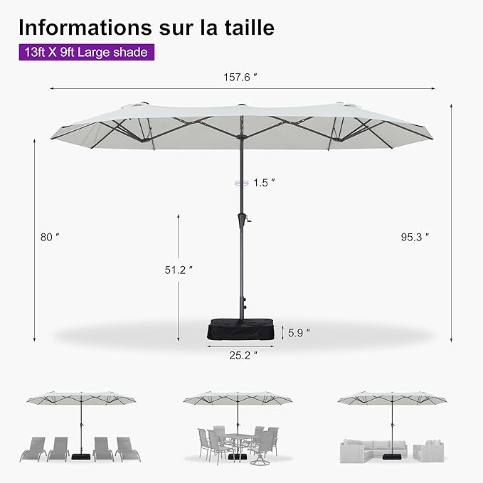 PURPLE LEAF 13ft Double-Sided Patio Umbrella with Base Included Market Rectangle Umbrella Outdoor Table Umbrella with Crank for Pool Garden Deck, Cream