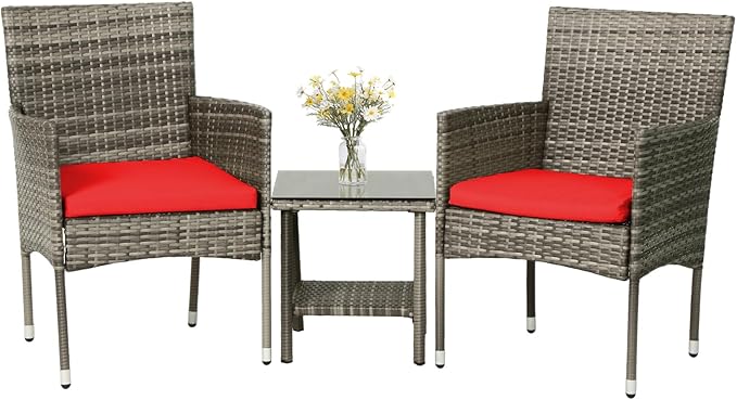 PayLessHere Set of 3 Outdoor Furniture Set Patio Furniture Set Gray Conversation Set with 2 Rattan Chairs Glass Coffee Table for Coffee Bar Poolside Patio Outdoor, Red Cushions