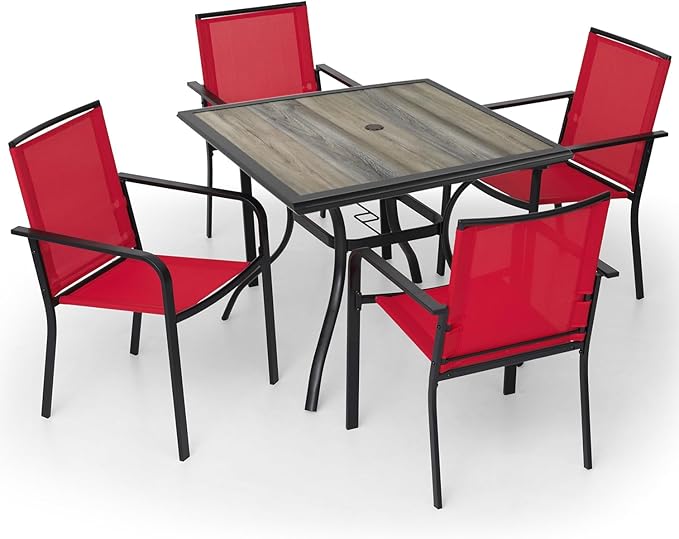 Anmutig 4 Person Outdoor Patio Dining Table and Chairs Set of 4 with 37" Wood-Like PVC Square Table, Cherry Red Stackable Chairs - 5 Piece