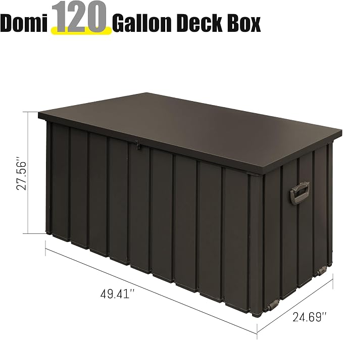 Domi Deck Box 120 Gallon Outdoor Storage Box, Lockable Storage Cabinet Deck Box Outdoor Waterproof, Large Metal Storage Bin for Patio Furniture Cushions Garden Tools Pool-Supplies, Brown