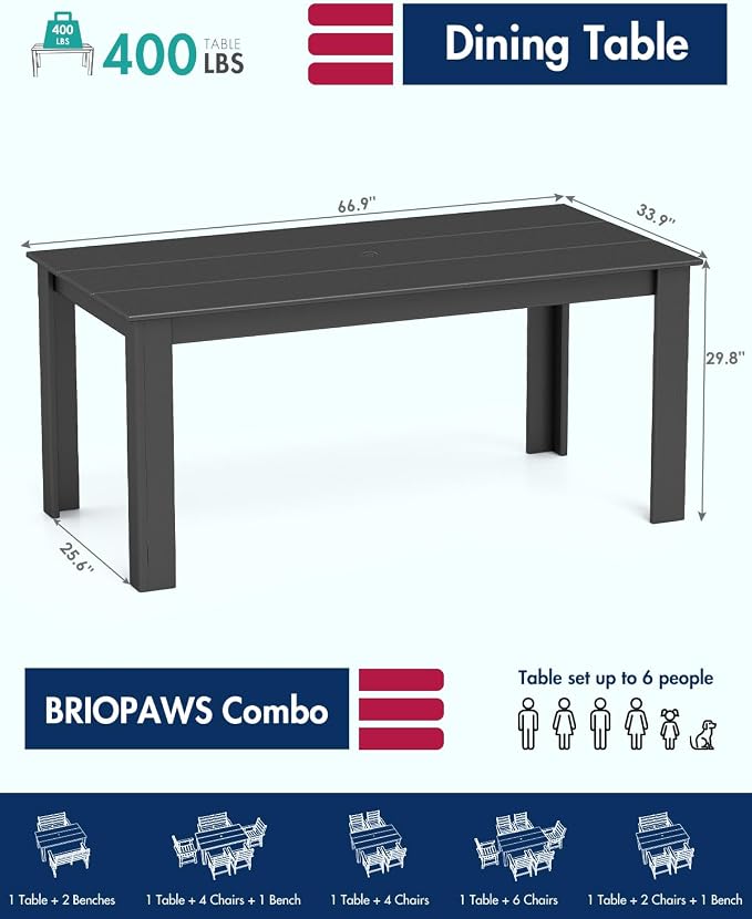 BRIOPAWS Outdoor Dining Table | HDPE | 67” Patio Rectangle Tables | All Weather | Umbrella Hole | Patio Furniture Set for 4-6 Person | Black