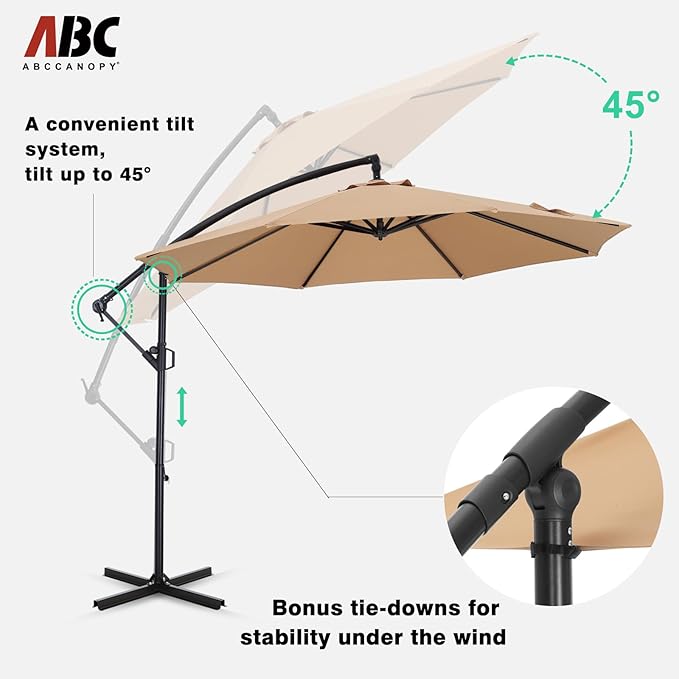 ABCCANOPY 10FT Cantilever Patio Umbrella with base included, 360° Rotation Outdoor Offset Umbrella for Backyard, Deck, Poolside (Khaki)