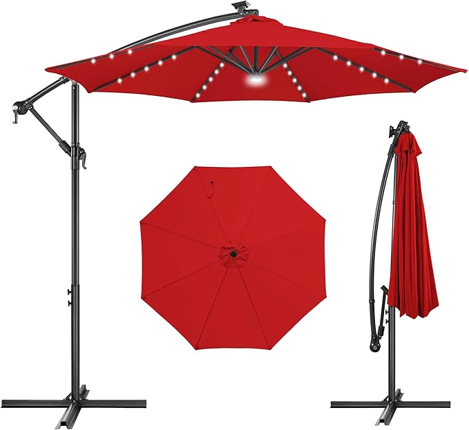 Solar Offset Patio Umbrella - 10 FT Solar Cantilever Umbrella Outdoor with 40 LED Lights and Cross Base, UV Protection for Garden, Deck, Backyard, Pool, Porch, Red