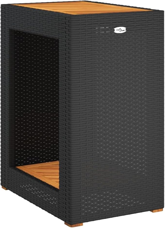 Patio Side Table with Wooden Top Black 23.6"x15.7"x29.5" Poly Rattan End for Outdoor Furniture Garden Backyard Patio Coffee Table