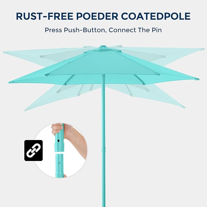 HOMSHADE 7.5ft Outdoor 1S Push-Up Patio Umbrella - Market Table Pool Deck Umbrella UPF50+ UV Protection with 6 Sturdy Ribs for Balcony, Garden, Lawn, Backyard (Light Blue)