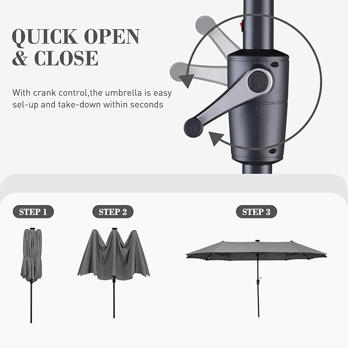 13 ft Patio Umbrella with 36 LED Lights, Large Rectangle Outdoor Solar Umbrella with Strap, Crank, Grey