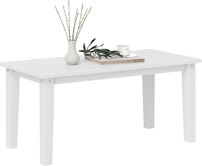 Outsunny HDPE Outdoor Coffee Table, All-Weather Rectangle Patio Coffee Table, Plastic Outdoor Patio Table with Slatted Tabletop for Garden, Balcony, Backyard, White